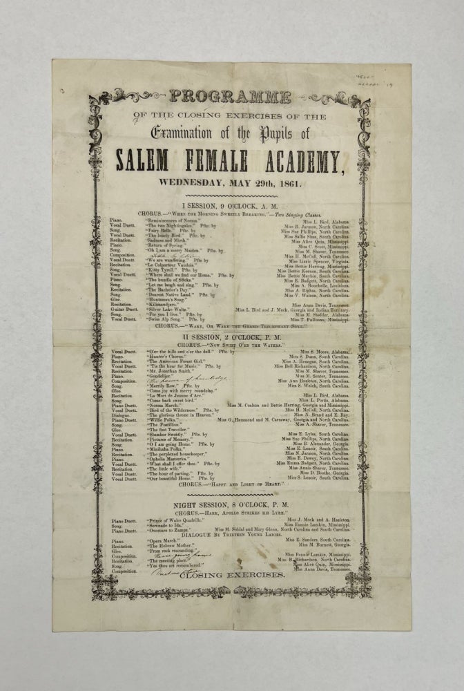Item #76416 Programme of the Closing Exercises of the Examination of the Pupils. SALEM FEMALE ACADEMY.