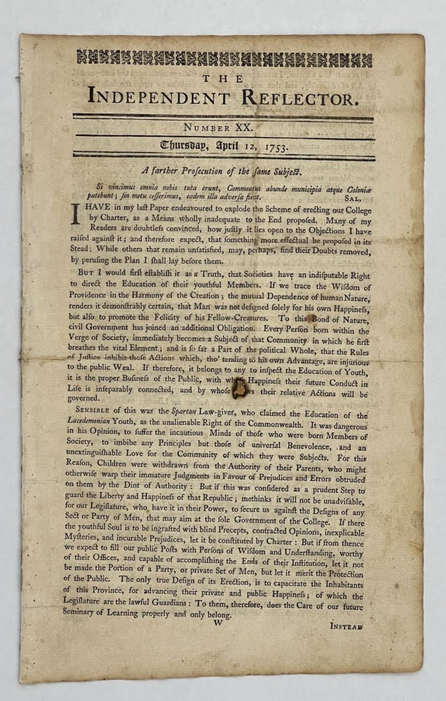 Item #81632 Independent Reflector. Number XX, Thursday, April 12, 1753. William LIVINGSTON, ed.