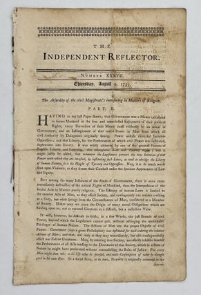 Item #81635 Independent Reflector. Number XXXVII, Thursday, August 9, 1753. William LIVINGSTON, ed
