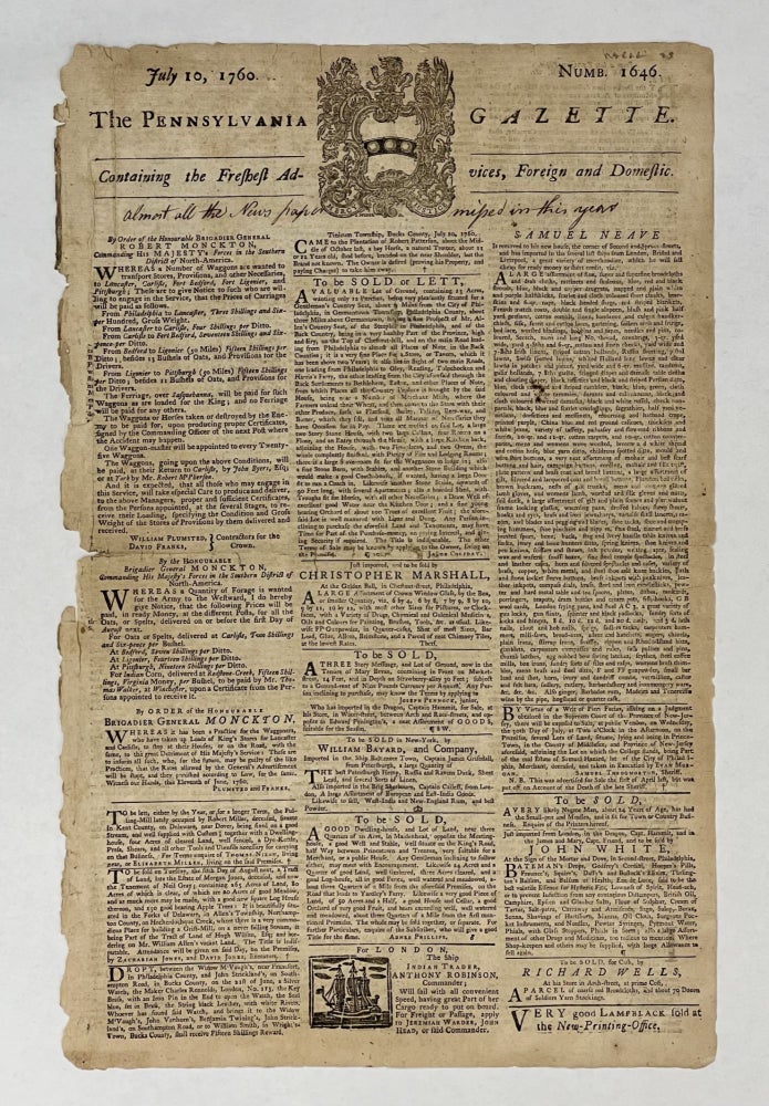 Item #81702 Pennsylvania Gazette. July 10, 1760. Numb. 1646. Benjamin FRANKLIN.