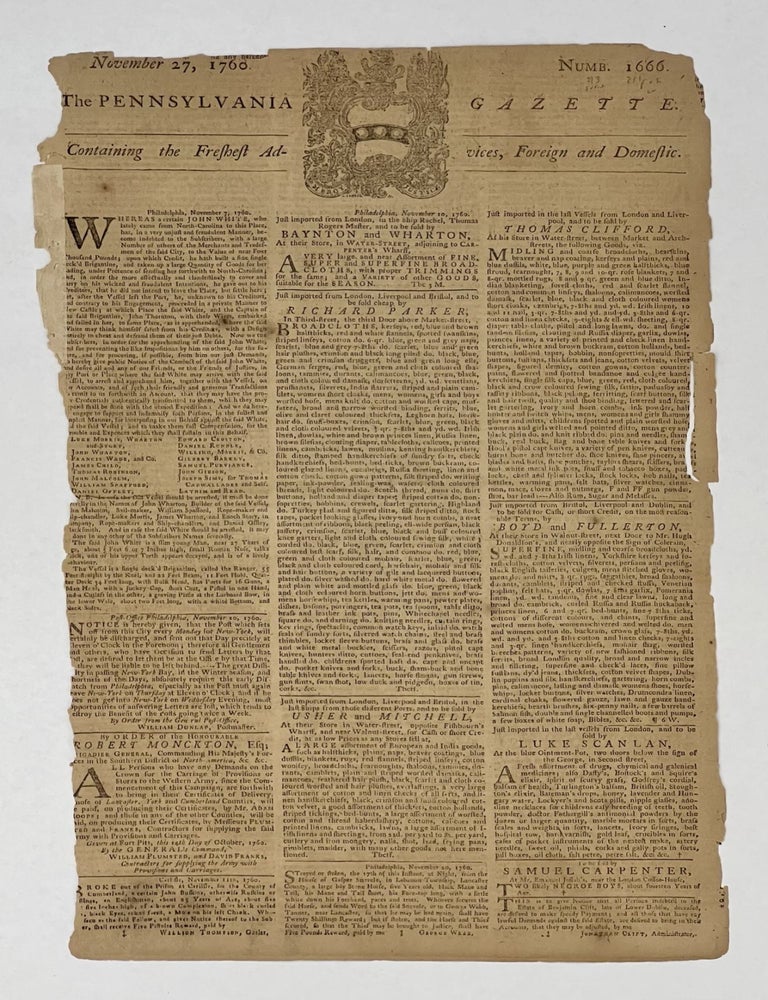 Item #81705 Pennsylvania Gazette. November 27, 1760. Numb. 1666. Benjamin FRANKLIN.