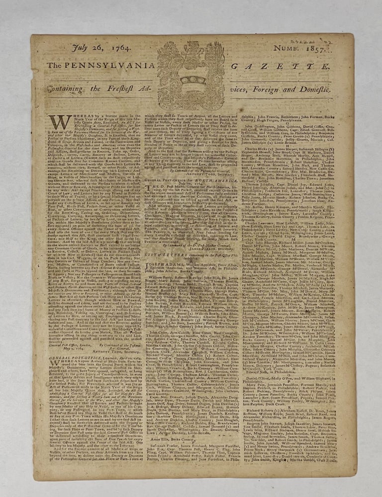 Item #81706 Pennsylvania Gazette. July 26, 1764. Numb. 1857. Benjamin FRANKLIN.