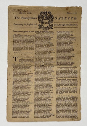 Item #81709 Pennsylvania Gazette. May 17, 1750. Numb. 1118. Benjamin FRANKLIN