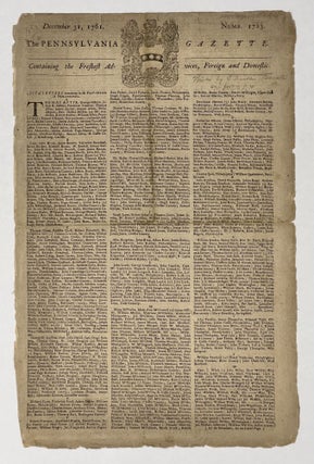 Item #81710 Pennsylvania Gazette. December 31, 1761. Numb. 1723. Benjamin FRANKLIN